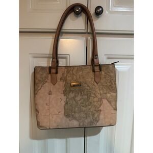 Monica Sanches Map Print Tan‎ Beige Tote Bag Purse Handbag Travel Design
